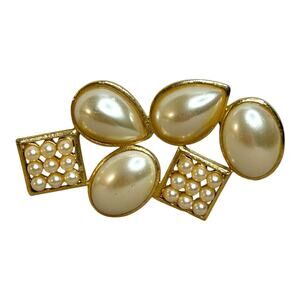 Vintage 1980s Faux Pearl Gold Tone Geometric Cluster Brooch